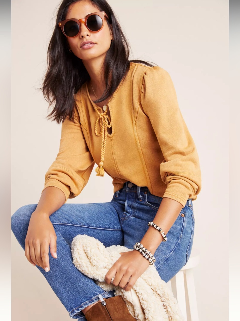 Maeve Jeanne Puff-Sleeved Pullover Mustard Size Large